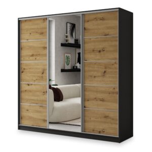 wohnli-moebel-suche-800001058629 Wohnli Möbelsuche - SCHWEBETÜRENSCHRANK NATA 200/205/58 cm 3-türig mit Spiegel und 4 Schubladen Schwarz