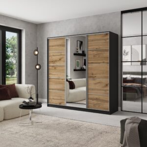 wohnli-moebel-suche-800001058681-1 SCHWEBETÜRENSCHRANK NATA 200/205/58 cm 3-türig mit Spiegel und 4 Schubladen Schwarz Holzwerkstoff MASSENO Möbel > Schränke > Kleiderschränke > Schwebetürenschränke Schwarz