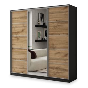 wohnli-moebel-suche-800001058681 Wohnli Möbelsuche - SCHWEBETÜRENSCHRANK NATA 200/205/58 cm 3-türig mit Spiegel und 4 Schubladen Schwarz