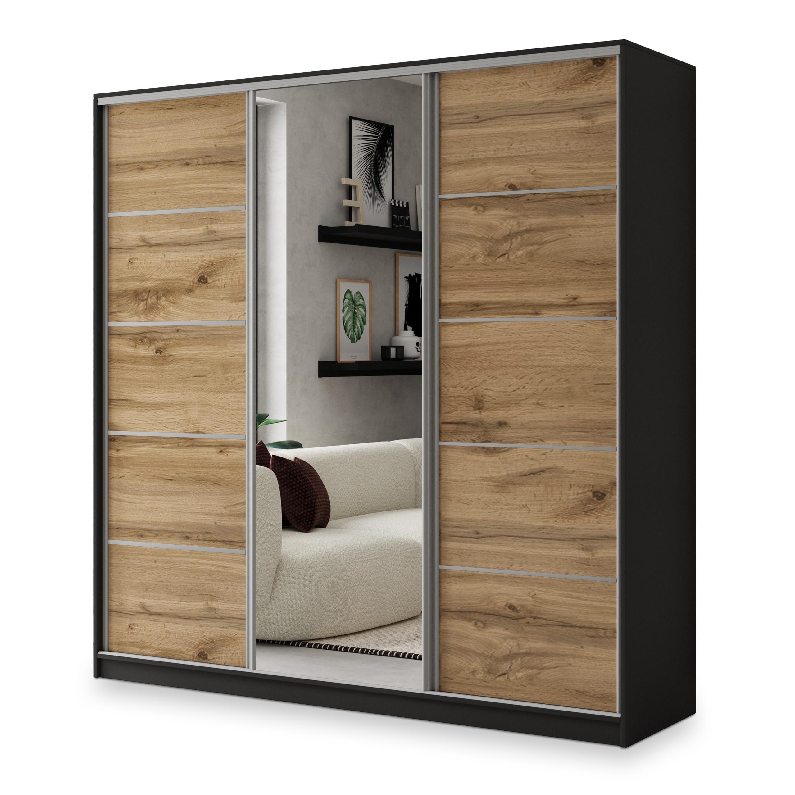 Wohnli Möbelsuche - SCHWEBETÜRENSCHRANK NATA 200/205/58 cm 3-türig mit Spiegel und 4 Schubladen Schwarz