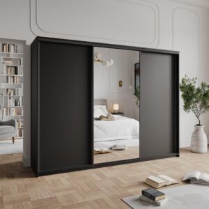 wohnli-moebel-suche-800001058749-1 SCHWEBETÜRENSCHRANK TAVI 270/205/60 cm 3-türig mit Spiegel Schwarz Holzwerkstoff MASSENO Möbel > Schränke > Kleiderschränke > Schwebetürenschränke Schwarz
