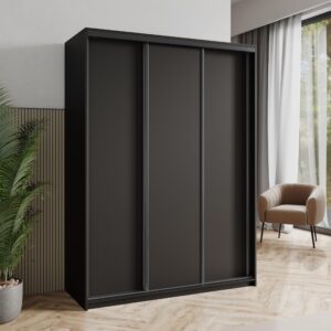 wohnli-moebel-suche-800001058753-1 SCHWEBETÜRENSCHRANK NISSE 150/205/60 cm 3-türig Schwarz Holzwerkstoff MASSENO Möbel > Schränke > Kleiderschränke > Schwebetürenschränke Schwarz