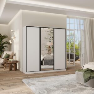 SCHWEBETÜRENSCHRANK TARI 200/205/58 cm 3-türig mit Spiegel und 4 Schubladen Weiß Holzwerkstoff MASSENO Möbel > Schränke > Kleiderschränke > Schwebetürenschränke Weiß