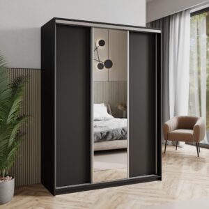 wohnli-moebel-suche-800001058942-1 SCHWEBETÜRENSCHRANK TAVI 150/205/60 cm 3-türig mit Spiegel Schwarz Holzwerkstoff MASSENO Möbel > Schränke > Kleiderschränke > Schwebetürenschränke Schwarz