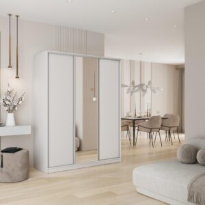 wohnli-moebel-suche-800001058947-1 SCHWEBETÜRENSCHRANK TARI 160/205/58 cm 3-türig mit Spiegel und 4 Schubladen Weiß Holzwerkstoff MASSENO Möbel > Schränke > Kleiderschränke > Schwebetürenschränke Weiß