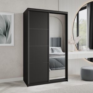 wohnli-moebel-suche-800001058963-1 SCHWEBETÜRENSCHRANK VARO 120/205/60 cm 2-türig mit Spiegel Schwarz Holzwerkstoff MASSENO Möbel > Schränke > Kleiderschränke > Schwebetürenschränke Schwarz