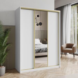 wohnli-moebel-suche-800001058980-1 SCHWEBETÜRENSCHRANK TAVI 150/205/60 cm 3-türig mit Spiegel Weiß Holzwerkstoff MASSENO Möbel > Schränke > Kleiderschränke > Schwebetürenschränke Weiß