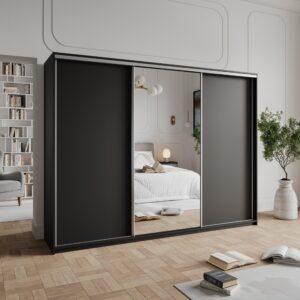 wohnli-moebel-suche-800001059013-1 SCHWEBETÜRENSCHRANK TAVI 270/205/60 cm 3-türig mit Spiegel Schwarz Holzwerkstoff MASSENO Möbel > Schränke > Kleiderschränke > Schwebetürenschränke Schwarz