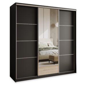 Wohnli Möbelsuche - SCHWEBETÜRENSCHRANK VARO 200/205/60 cm 3-türig mit Spiegel Schwarz