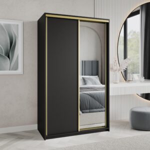 wohnli-moebel-suche-800001059039-1 SCHWEBETÜRENSCHRANK TAVI 120/205/60 cm 2-türig mit Spiegel Schwarz Holzwerkstoff MASSENO Möbel > Schränke > Kleiderschränke > Schwebetürenschränke Schwarz