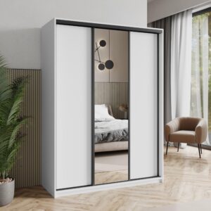 wohnli-moebel-suche-800001059064-1 SCHWEBETÜRENSCHRANK TAVI 150/205/60 cm 3-türig mit Spiegel Weiß Holzwerkstoff MASSENO Möbel > Schränke > Kleiderschränke > Schwebetürenschränke Weiß