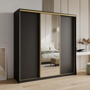 wohnli-moebel-suche-800001059097-1 SCHWEBETÜRENSCHRANK TAVI 200/205/60 cm 3-türig mit Spiegel Schwarz Holzwerkstoff MASSENO Möbel > Schränke > Kleiderschränke > Schwebetürenschränke Schwarz