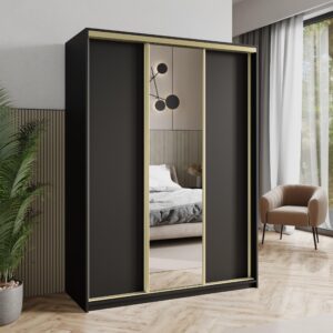 wohnli-moebel-suche-800001059117-1 SCHWEBETÜRENSCHRANK TAVI 150/205/60 cm 3-türig mit Spiegel Schwarz Holzwerkstoff MASSENO Möbel > Schränke > Kleiderschränke > Schwebetürenschränke Schwarz