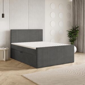 BOXBETT TERVAN 180x200 cm mit Matratze und Topper - Grau Holz MASSENO Möbel > Betten > Boxspringbetten Grau