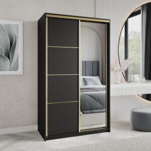 wohnli-moebel-suche-800001059133-1 SCHWEBETÜRENSCHRANK VARO 120/205/60 cm 2-türig mit Spiegel Schwarz Holzwerkstoff MASSENO Möbel > Schränke > Kleiderschränke > Schwebetürenschränke Schwarz