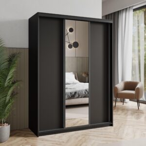 wohnli-moebel-suche-800001059139-1 SCHWEBETÜRENSCHRANK TAVI 150/205/60 cm 3-türig mit Spiegel Schwarz Holzwerkstoff MASSENO Möbel > Schränke > Kleiderschränke > Schwebetürenschränke Schwarz