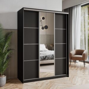 wohnli-moebel-suche-800001059146-1 SCHWEBETÜRENSCHRANK VARO 150/205/60 cm 3-türig mit Spiegel Schwarz Holzwerkstoff MASSENO Möbel > Schränke > Kleiderschränke > Schwebetürenschränke Schwarz