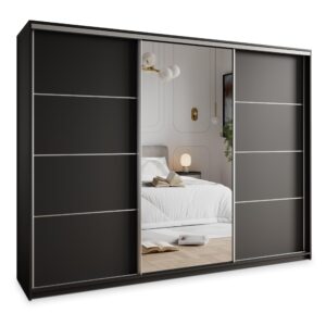 Wohnli Möbelsuche - SCHWEBETÜRENSCHRANK VARO 270/205/60 cm 3-türig mit Spiegel Schwarz