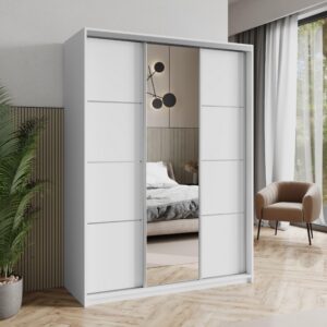 wohnli-moebel-suche-800001059151-1 SCHWEBETÜRENSCHRANK VARO 150/205/60 cm 3-türig mit Spiegel Weiß Holzwerkstoff MASSENO Möbel > Schränke > Kleiderschränke > Schwebetürenschränke Weiß