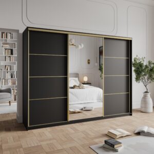wohnli-moebel-suche-800001059153-1 SCHWEBETÜRENSCHRANK VARO 270/205/60 cm 3-türig mit Spiegel Schwarz Holzwerkstoff MASSENO Möbel > Schränke > Kleiderschränke > Schwebetürenschränke Schwarz