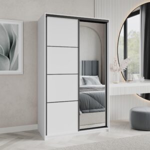 wohnli-moebel-suche-800001059175-1 SCHWEBETÜRENSCHRANK VARO 120/205/60 cm 2-türig mit Spiegel Weiß Holzwerkstoff MASSENO Möbel > Schränke > Kleiderschränke > Schwebetürenschränke Weiß