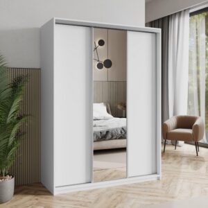 wohnli-moebel-suche-800001059178-1 SCHWEBETÜRENSCHRANK TAVI 150/205/60 cm 3-türig mit Spiegel Weiß Holzwerkstoff MASSENO Möbel > Schränke > Kleiderschränke > Schwebetürenschränke Weiß