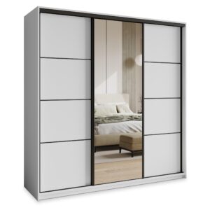 Wohnli Möbelsuche - SCHWEBETÜRENSCHRANK VARO 200/205/60 cm 3-türig mit Spiegel Weiß