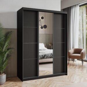 SCHWEBETÜRENSCHRANK VARO 150/205/60 cm 3-türig mit Spiegel Schwarz Holzwerkstoff MASSENO Möbel > Schränke > Kleiderschränke > Schwebetürenschränke Schwarz