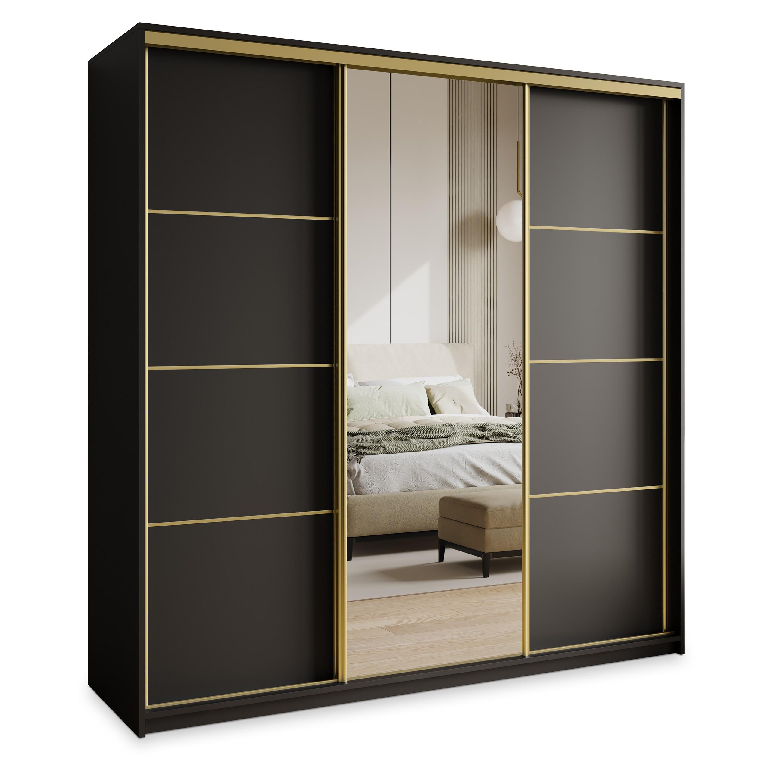 Wohnli Möbelsuche - SCHWEBETÜRENSCHRANK VARO 200/205/60 cm 3-türig mit Spiegel Schwarz