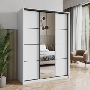 wohnli-moebel-suche-800001059202-1 SCHWEBETÜRENSCHRANK VARO 150/205/60 cm 3-türig mit Spiegel Weiß Holzwerkstoff MASSENO Möbel > Schränke > Kleiderschränke > Schwebetürenschränke Weiß