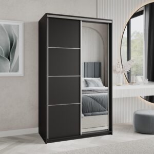 wohnli-moebel-suche-800001059213-1 SCHWEBETÜRENSCHRANK VARO 120/205/60 cm 2-türig mit Spiegel Schwarz Holzwerkstoff MASSENO Möbel > Schränke > Kleiderschränke > Schwebetürenschränke Schwarz
