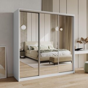 wohnli-moebel-suche-800001059217-1 SCHWEBETÜRENSCHRANK RIEN 200/205/60 cm 3-türig mit Spiegel Weiß Holzwerkstoff MASSENO Möbel > Schränke > Kleiderschränke > Schwebetürenschränke Weiß