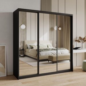 wohnli-moebel-suche-800001059222-1 SCHWEBETÜRENSCHRANK RIEN 200/205/60 cm 3-türig mit Spiegel Schwarz Holzwerkstoff MASSENO Möbel > Schränke > Kleiderschränke > Schwebetürenschränke Schwarz