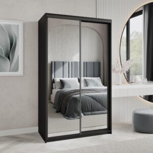 wohnli-moebel-suche-800001059225-1 SCHWEBETÜRENSCHRANK RIEN 120/205/60 cm 2-türig mit Spiegel Schwarz Holzwerkstoff MASSENO Möbel > Schränke > Kleiderschränke > Schwebetürenschränke Schwarz