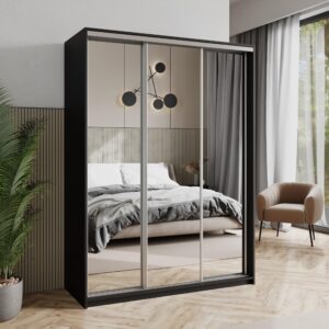 wohnli-moebel-suche-800001059226-1 SCHWEBETÜRENSCHRANK RIEN 150/205/60 cm 3-türig mit Spiegel Schwarz Holzwerkstoff MASSENO Möbel > Schränke > Kleiderschränke > Schwebetürenschränke Schwarz