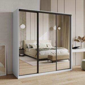 wohnli-moebel-suche-800001059229-1 SCHWEBETÜRENSCHRANK RIEN 200/205/60 cm 3-türig mit Spiegel Weiß Holzwerkstoff MASSENO Möbel > Schränke > Kleiderschränke > Schwebetürenschränke Weiß