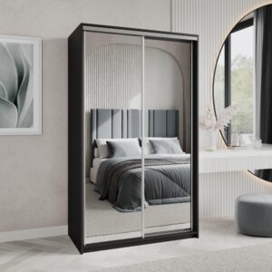 wohnli-moebel-suche-800001059230-1 SCHWEBETÜRENSCHRANK RIEN 120/205/60 cm 2-türig mit Spiegel Schwarz Holzwerkstoff MASSENO Möbel > Schränke > Kleiderschränke > Schwebetürenschränke Schwarz