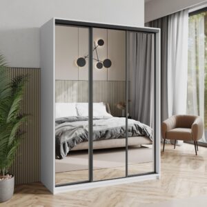 wohnli-moebel-suche-800001059232-1 SCHWEBETÜRENSCHRANK RIEN 150/205/60 cm 3-türig mit Spiegel Weiß Holzwerkstoff MASSENO Möbel > Schränke > Kleiderschränke > Schwebetürenschränke Weiß