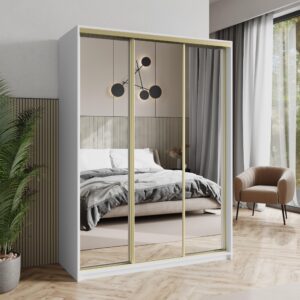 wohnli-moebel-suche-800001059233-1 SCHWEBETÜRENSCHRANK RIEN 150/205/60 cm 3-türig mit Spiegel Weiß Holzwerkstoff MASSENO Möbel > Schränke > Kleiderschränke > Schwebetürenschränke Weiß