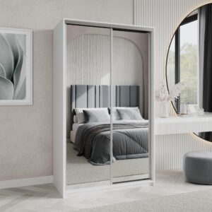 wohnli-moebel-suche-800001059234-1 SCHWEBETÜRENSCHRANK RIEN 120/205/60 cm 2-türig mit Spiegel Weiß Holzwerkstoff MASSENO Möbel > Schränke > Kleiderschränke > Schwebetürenschränke Weiß