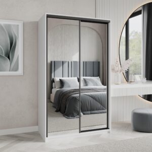 wohnli-moebel-suche-800001059235-1 SCHWEBETÜRENSCHRANK RIEN 120/205/60 cm 2-türig mit Spiegel Weiß Holzwerkstoff MASSENO Möbel > Schränke > Kleiderschränke > Schwebetürenschränke Weiß