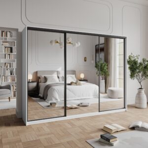 wohnli-moebel-suche-800001059236-1 SCHWEBETÜRENSCHRANK RIEN 270/205/60 cm 3-türig mit Spiegel Weiß Holzwerkstoff MASSENO Möbel > Schränke > Kleiderschränke > Schwebetürenschränke Weiß