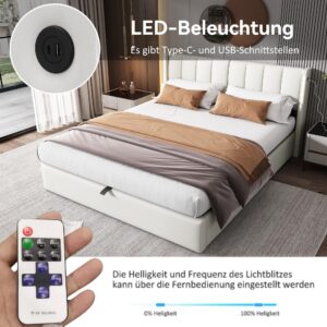 wohnli-moebel-suche-800001068871-1 DOPPELBETT Weiß mit Stauraum und LED 207/140/103 cm Holzwerkstoff, Metall Urban Meuble Möbel > Betten Weiß
