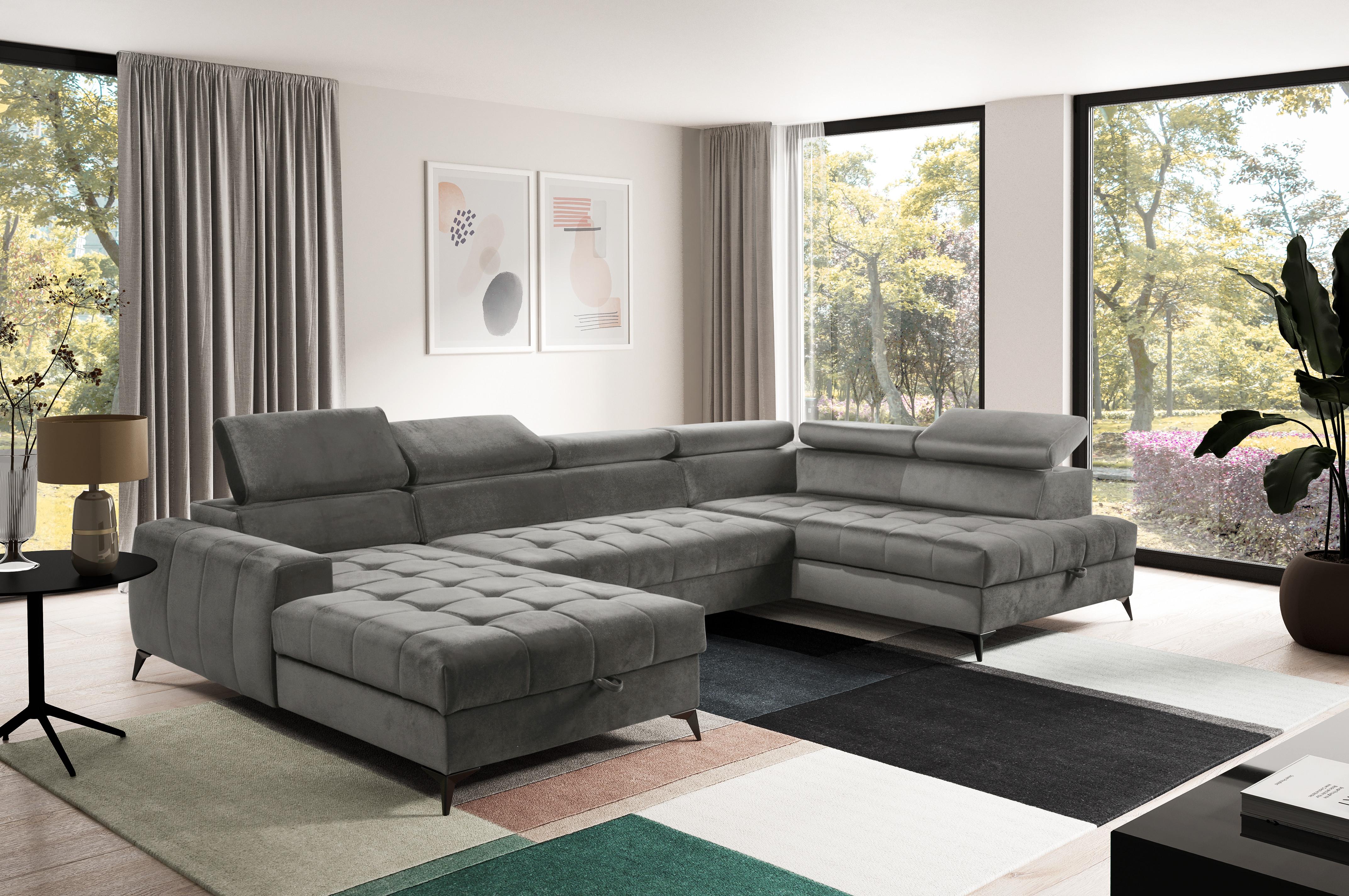 WOHNLANDSCHAFT Arkucio U Grau 345/200/95 cm – großes Sofa mit Schlaffunktion L Textil AX Living Möbel > Sofas & Couches > Wohnlandschaften > Wohnlandschaften U-Form Grau