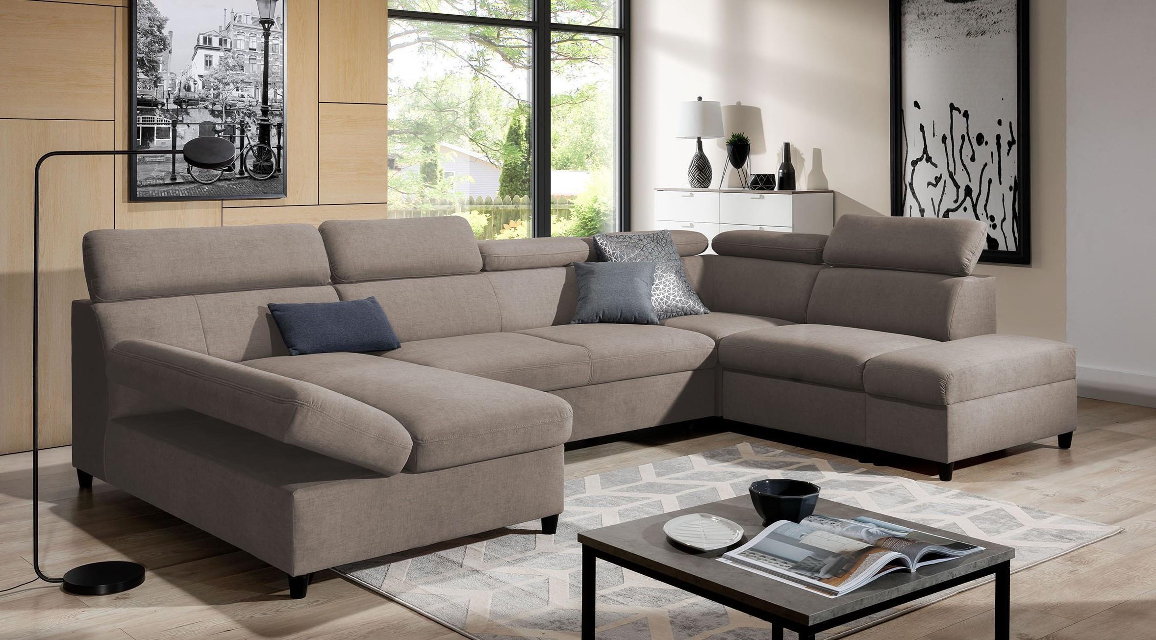WOHNLANDSCHAFT Olettio Braun 342/205/96 cm – großes Sofa mit Schlaffunktion R Textil AX Living Möbel > Sofas & Couches > Wohnlandschaften > Wohnlandschaften U-Form Braun