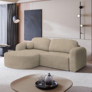 ECKSOFA AMILIA L-S Beige Boucle-Stoff mit Schlaffunktion Holz MASSENO Möbel > Sofas & Couches > Wohnlandschaften > Ecksofas Beige