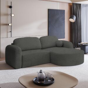 ECKSOFA AMILIA R-S Grau Boucle-Stoff mit Schlaffunktion Holz MASSENO Möbel > Sofas & Couches > Wohnlandschaften > Ecksofas Grau