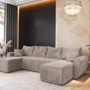 WOHNLANDSCHAFT MADISON U Beige Plüsch-Stoff mit Schlaffunktion Textil MASSENO Möbel > Sofas & Couches > Wohnlandschaften > Wohnlandschaften U-Form Beige
