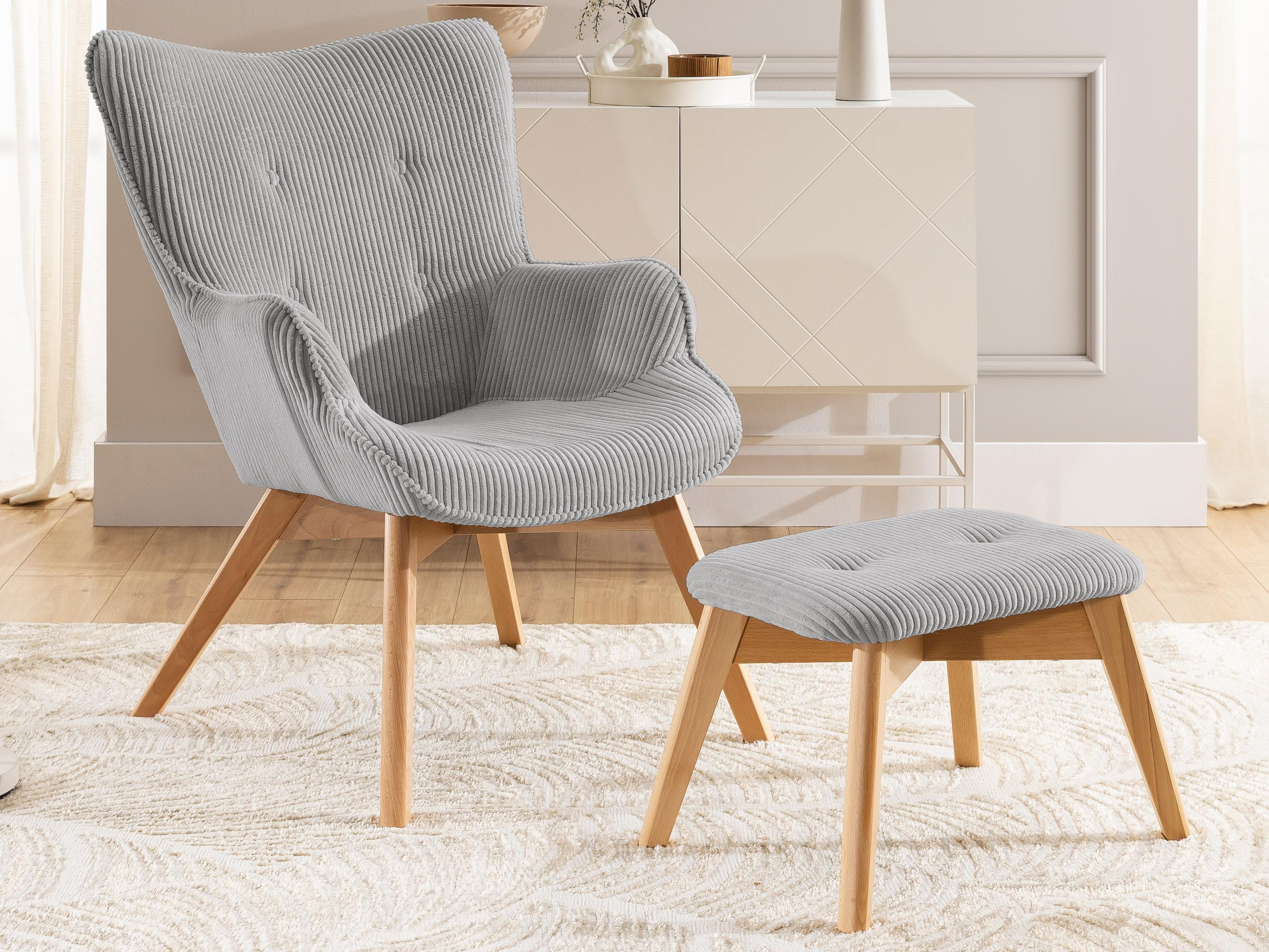 LOUNGESESSEL mit Fußhocker Lenari Hellgrau Cordstoff mit Füßen in Natur Textil S-Style Möbel Möbel > Sessel > Polstersessel Grau