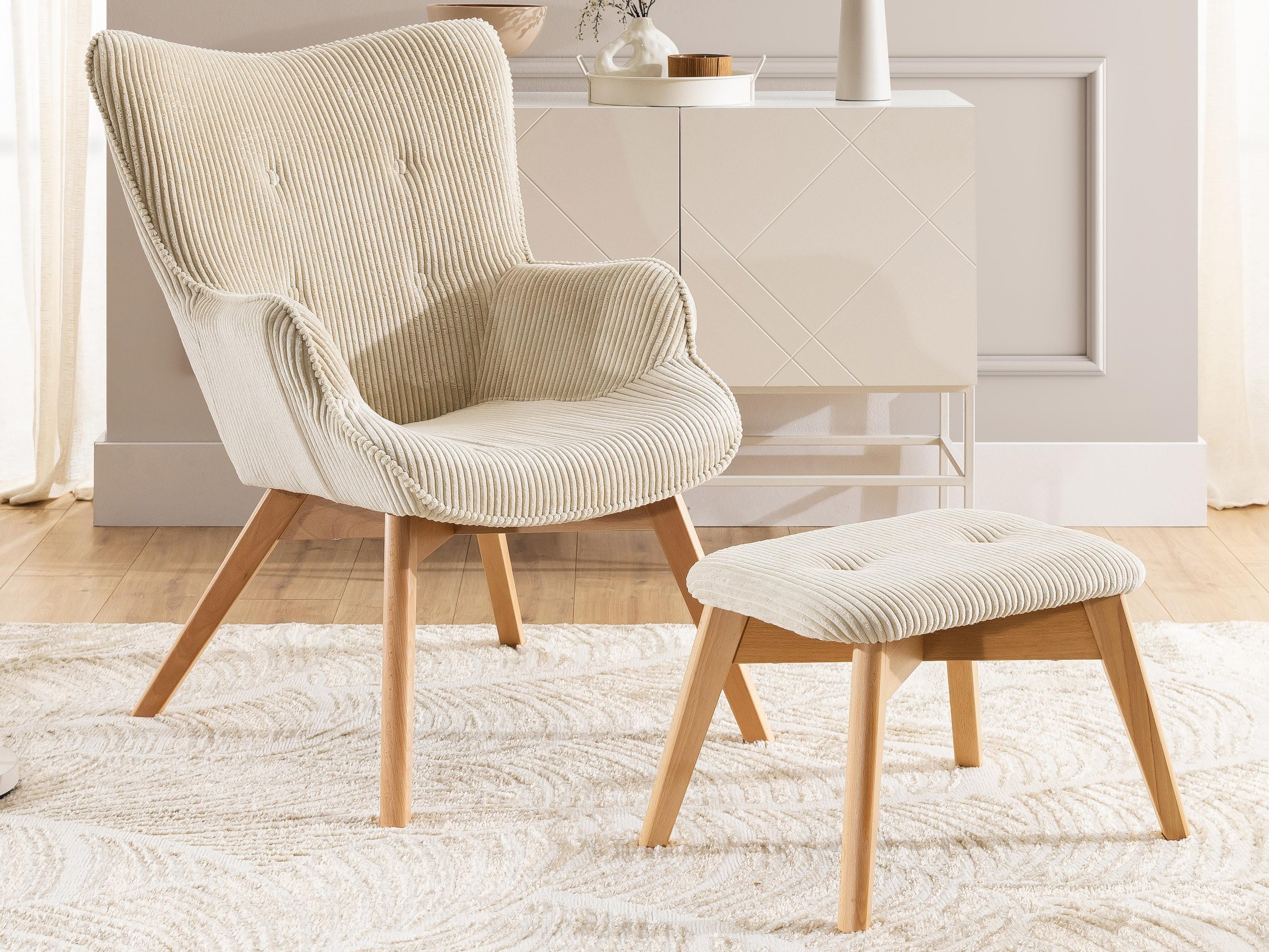 wohnli-moebel-suche-800001088398-1 LOUNGESESSEL mit Fußhocker Lenari Beige Cordstoff mit Füßen in Natur Textil S-Style Möbel Möbel > Sessel > Polstersessel Beige